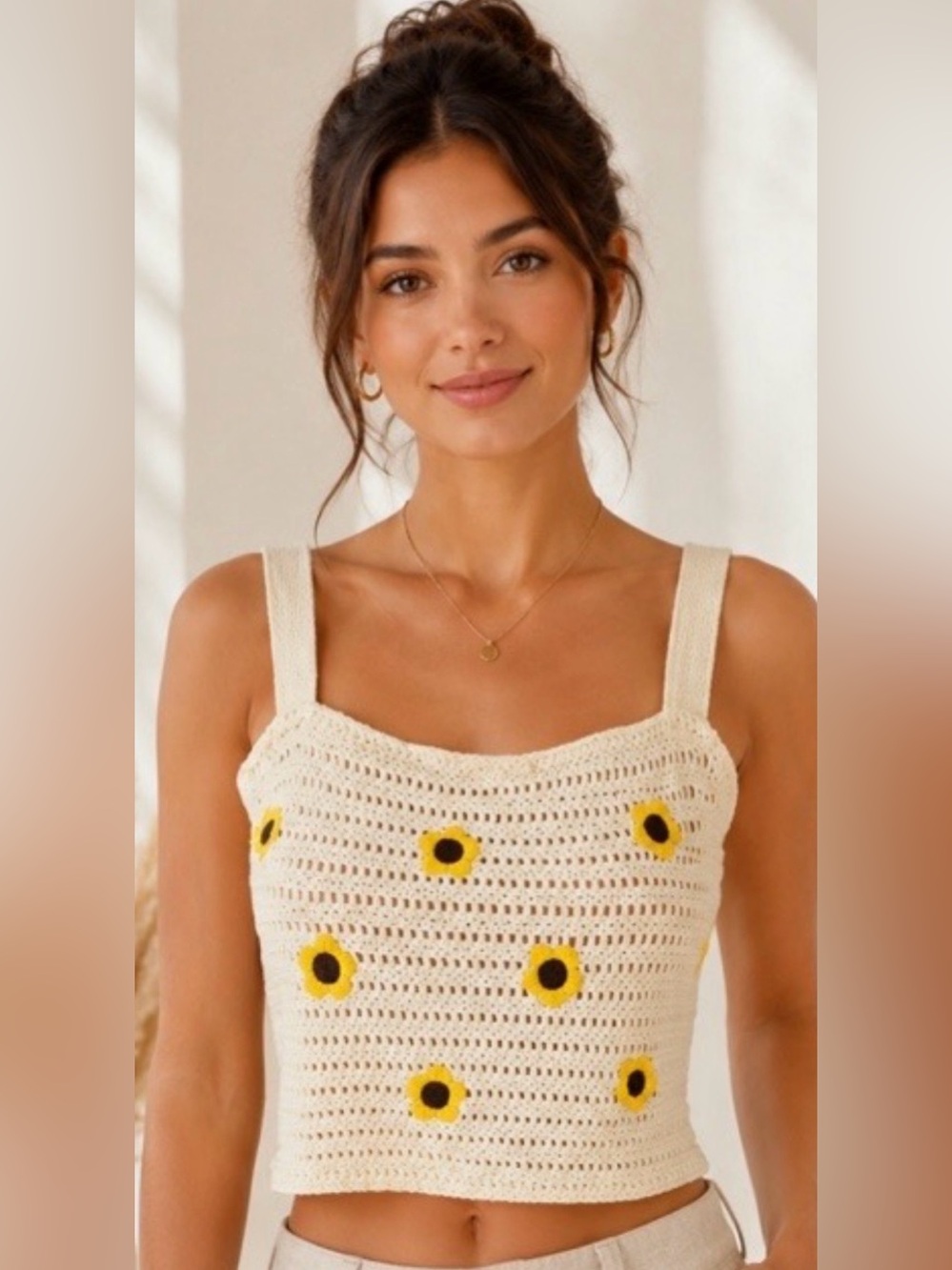 Forever 21 Cream Sunflower Crochet Knit Crop Tank Top
